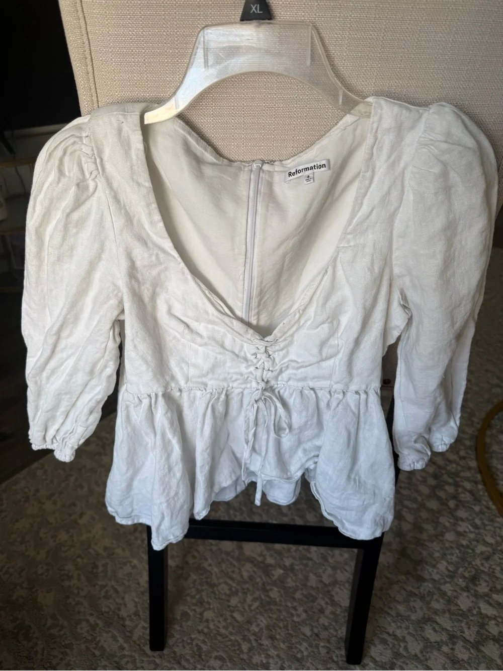 Reformation Abigail 100% Linen Top White Puff Sleeve Lace Up Peplum Size 8